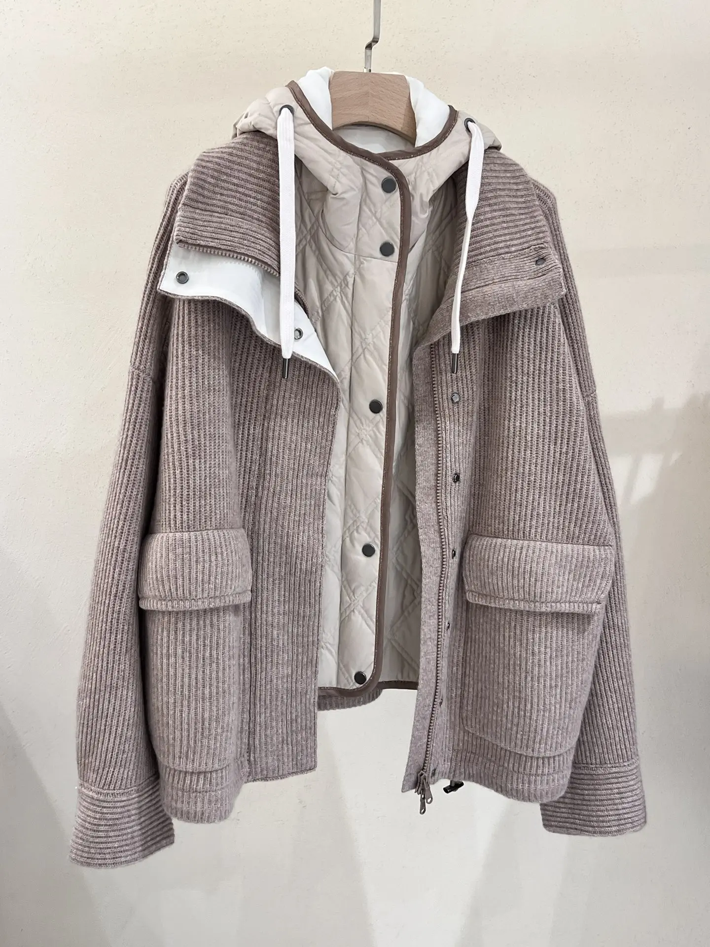 Осенне-зимний женский кашемировый вязаный жакет B * C жилет с капюшоном и гусиным