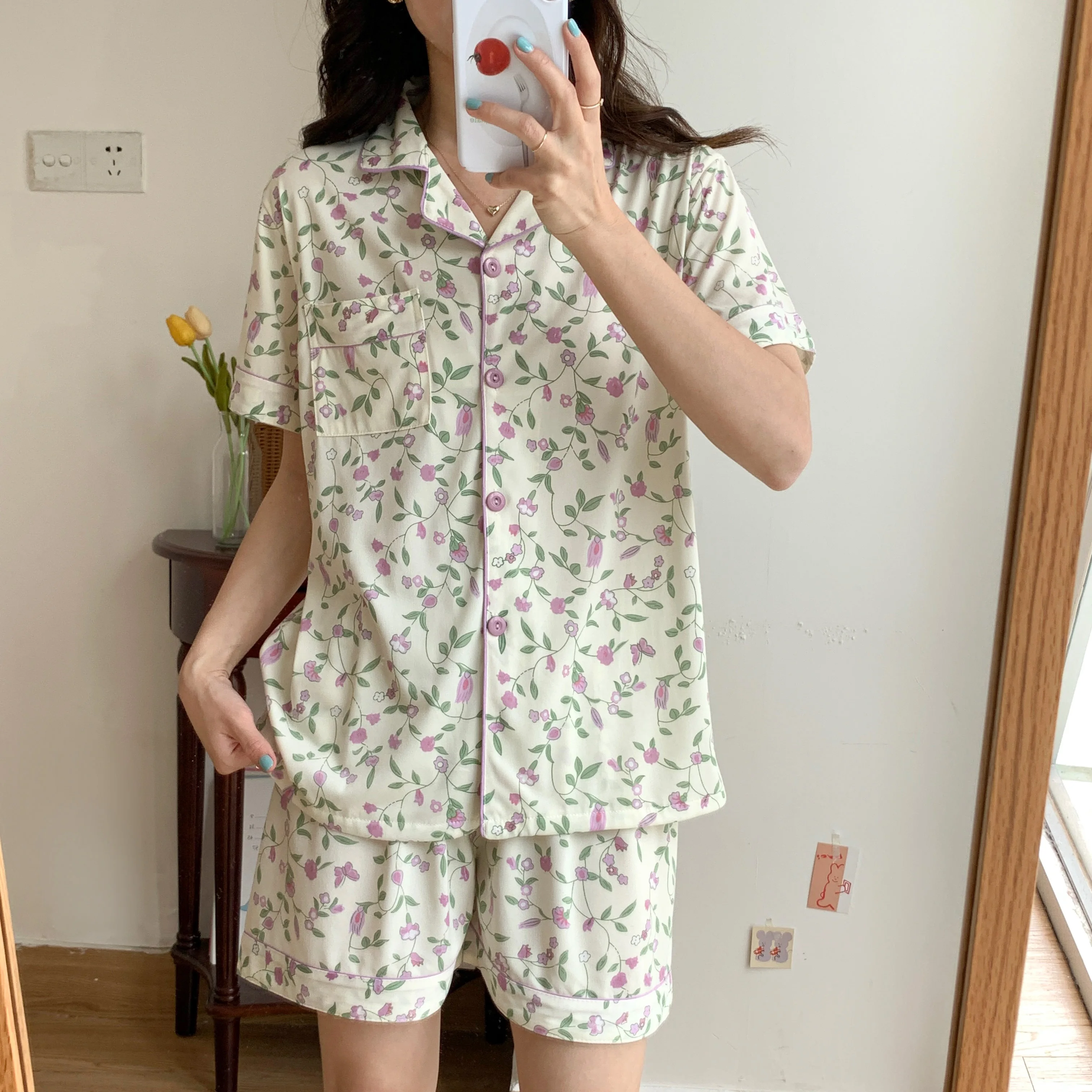 

Summer New Women Short Sleeve Cardigan Pajamas Set Purple Floral Print Thin Sleepwear Shorts Pyjamas 2piece Suit Lapel Nightwear