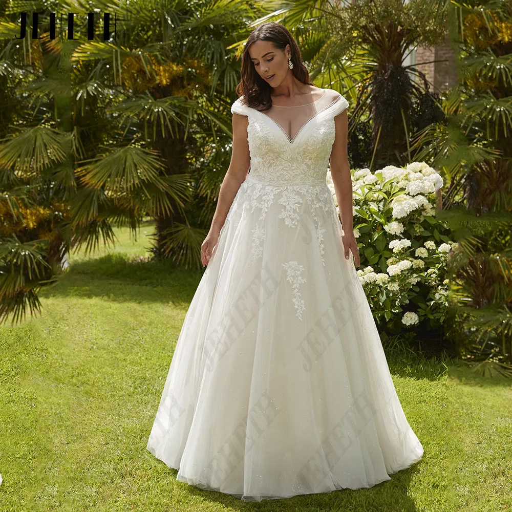 

JEHETH Classic Wedding Dresses Plus Size Cap Sleeves Scoop Lace Applique Bride Gowns Exquisite A-Line Tulle vestidos de novia