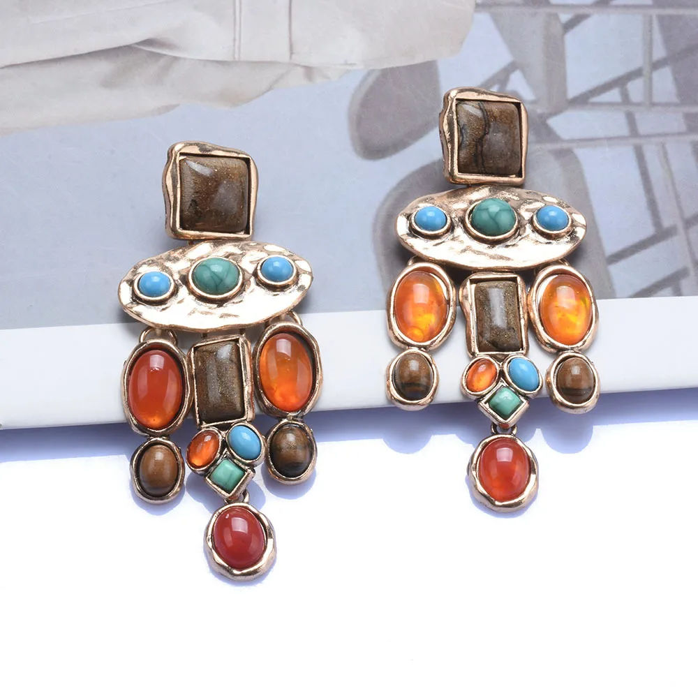 

Large Brand ZA The Same Baroque Style Earings Luxury Designer Retro Mixed Gemstone Geometric Pendant Earrings Gg Cc