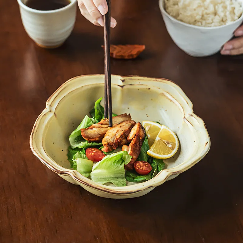 Грубая керамика Ретро Цветок Керамика Бытовые овощи Глубокий суп Димсам Цветная