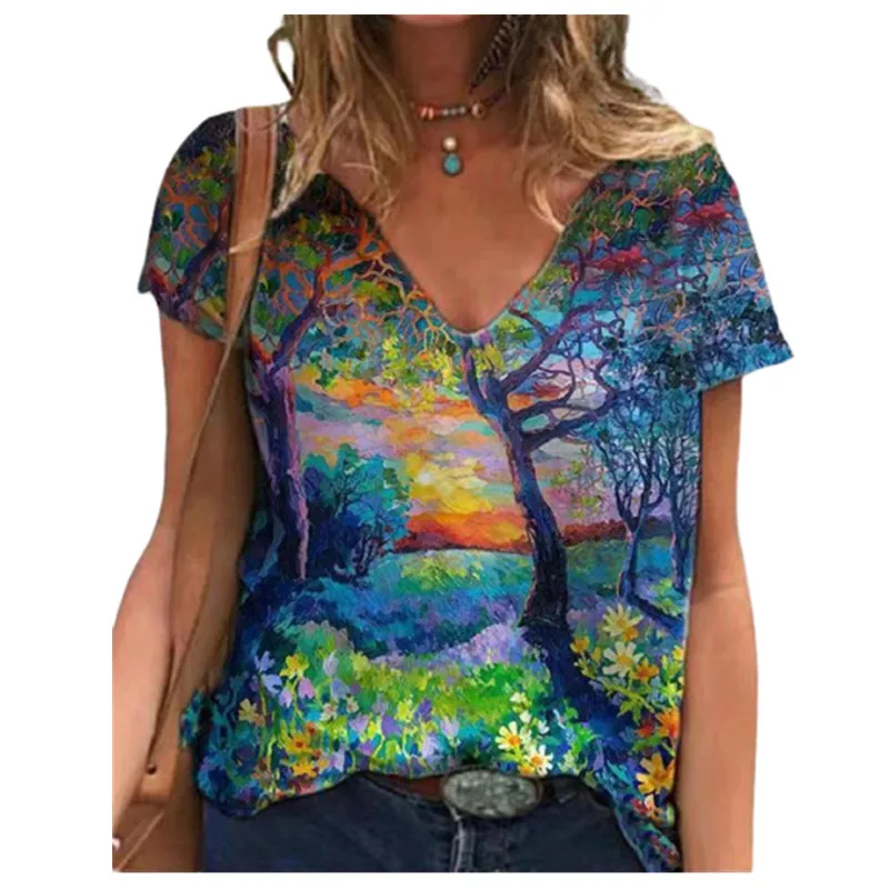 

5XL Tree Print Big Size 2021 Women Loose T-Shirts V-Neck Short Sleeve Summer Casual Tee Tops Lady Oversized Streetwear T-Shirt