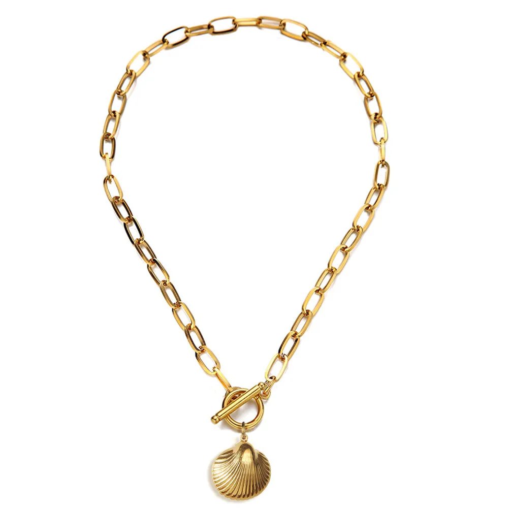 

Womens Shell Necklace Stainless Steel OT Clasp Paper Clip Chain Shell Necklace For Women Shell Choker Summer Sandy Beach Jewelry