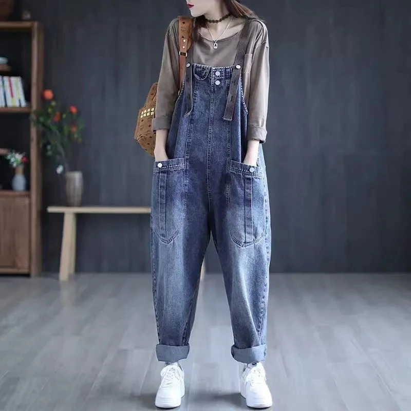 

Jumpsuit Women's Jeans Rompers New Retro Big Pocket Loose Denim Overalls Casual Fashion Large Size Wide-leg Overalls