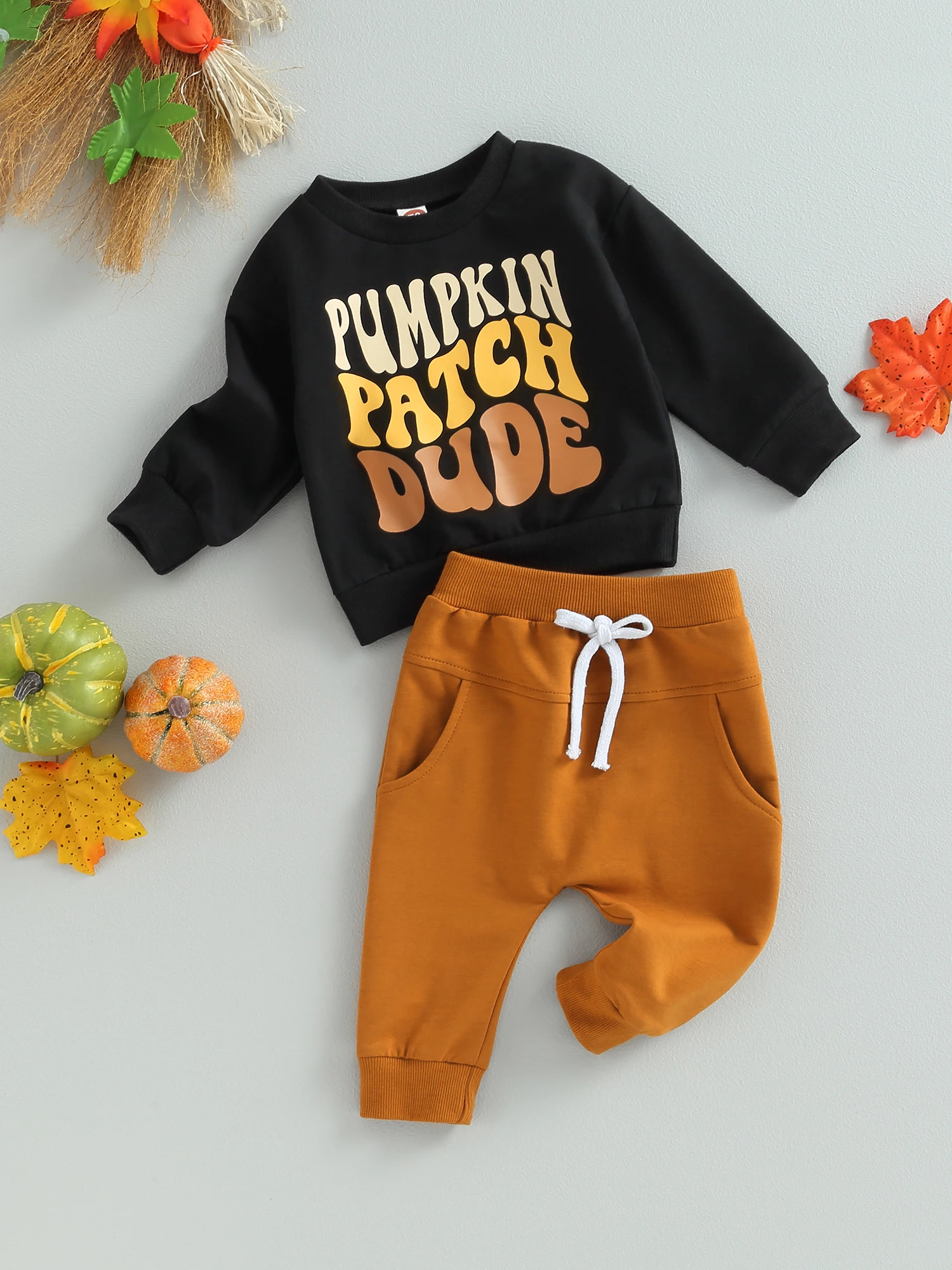 

Adorable 2-Piece Fall Winter Set for Infant Toddler Boys Long Sleeve Pumpkin Sweatshirt and Pants Halloween Outfit for a