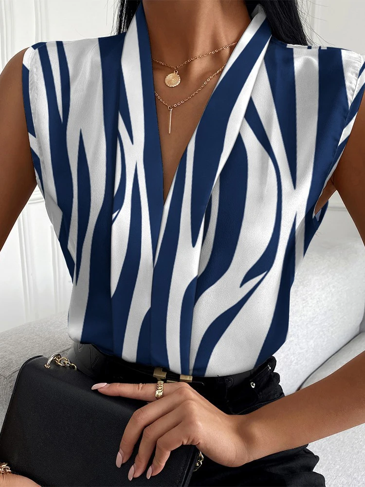 

Women Elegant Sleeveless Print Blouse 2023 Summer Sexy Deep V Neck Women's Shirt Office Casual Pullover Blouses Fashion Shirts