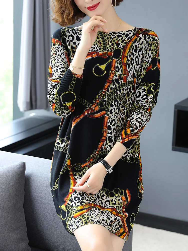 Женское длинное трикотажное платье-свитер с леопардовым принтом | Женская одежда