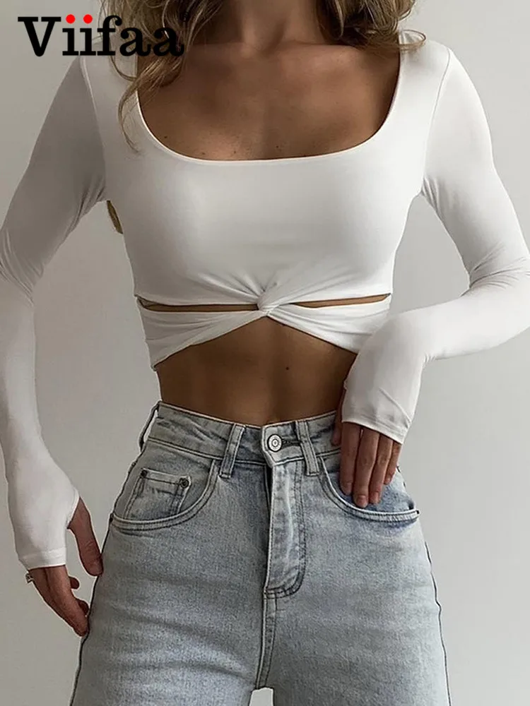 

Viifaa O-Neck Twist Hollow Out Crop Top T-Shirts for Women Long Sleeve Thumb Holes Fall Outfits Streetwear Slim T Shirt