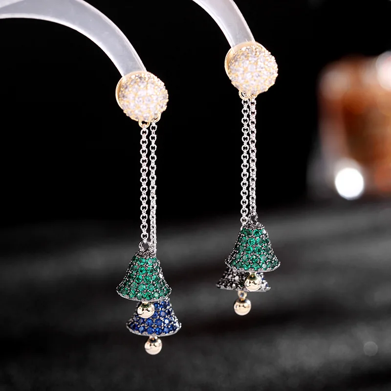 

Luxury Heavy Industry Earrings Ball Detachable Inlaid Color Cz Long Tassel 925 Silver Needle Earrings Bell Earrings Wholesale