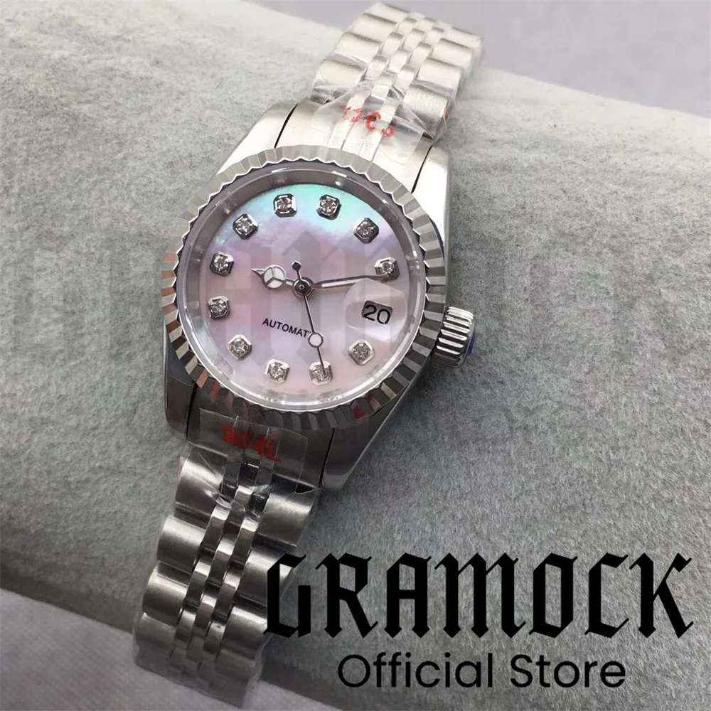 Фото Женские часы Gramock 26 мм, 3 точки, дата, бриллиант, розовый, жемчуг, NH05, автоматический механизм, серебро, сапфировое стекло №4