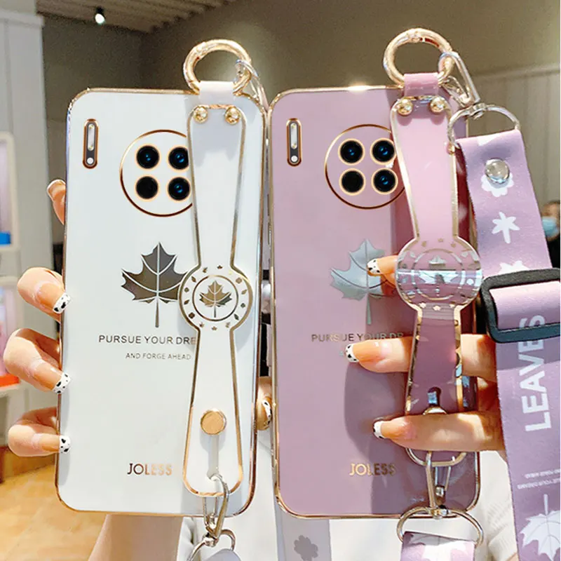 

Maple Leaf Wristband Holder Phone Case For Huawei Nova 8i Luxury Plating Cases Nova8i 9 7i 5T Honor 50 Lite 60 30 Pro Case