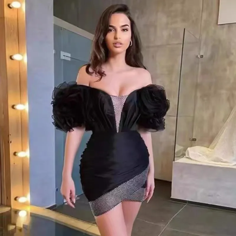 

Wholesale Women's Black Strapless Slash Neck Diamond Mini Sexy Evening Club Celebrity Cocktail Party Bandage Dress