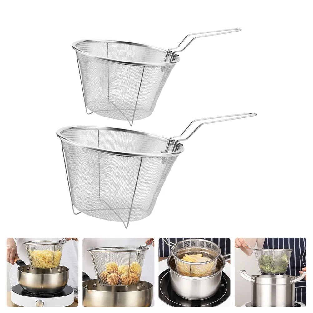 

2 Pcs Stainless Steel Frying Basket Chip Baskets Mini Deep Fryer Colander Foldable Wire Storage Fish Ladle Spoon