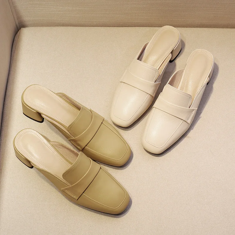 

Shoes Slippers Soft Square heel Slides Mules For Women 2022 Cover Toe Pantofle Fashion Med Low Comfort Block New Luxury Basic Ro