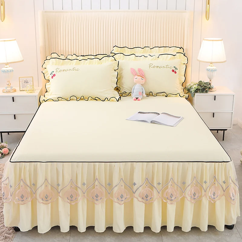 

Three Piece Bed Sheet Set Green Princess Flounce Ruffled Bedspread Beige 45cm Lace Bed Skirt Anti-skid 1.5m 1.8m 2m Bed Cover