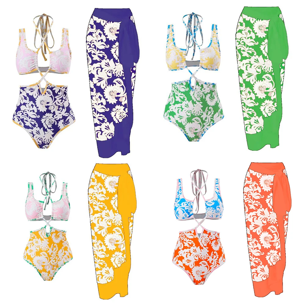 

Women Swimsuits One-Piece Swimsuit with Contrast Flower Pattern Connected by Thin Straps around the Waist, with a Cover-Up