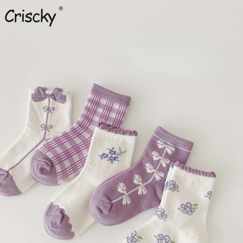 

Criscky 5 Pairs/Lot Kids Socks Autumn Cotton Girls Socks Cute Bow Flowers Socks Plaid Color Three-dimensional Lace Girls Socks