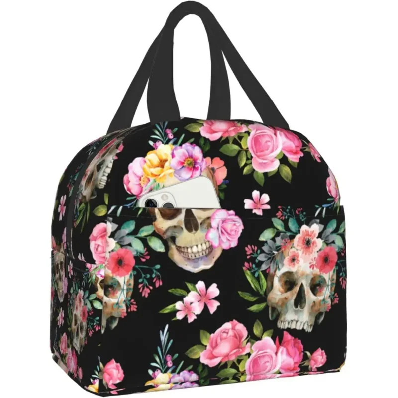 

Skull Bag Halloween Horror Skeleton Flowers Insulated Lunch Box Tote Bags For Office Work School Picnic Beach