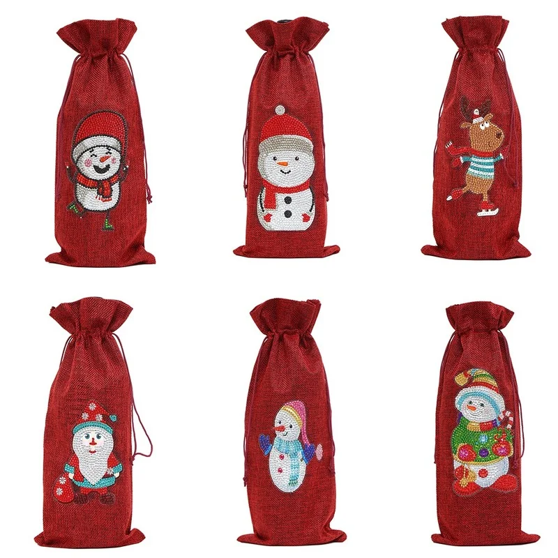 

DIY Christmas Diamond Painting Wine Bottle Cover Red Drawstring Gift Bag Snowman Elk Elderly Diamond Embroidery Home Decorations