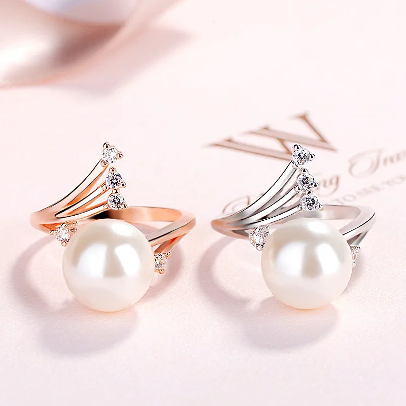 HOYON Fashion Pearl Empty Support Diamond Zircon Open Ring Women's Color Rose Gold White Gold Jewelry for wedding gift