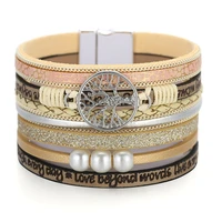 boho tree of life charm pearl leather bracelets for women fashion ladies bohemian multilayer wide wrap bracelet female jewelry