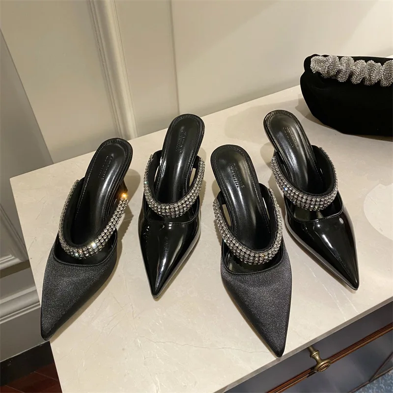 2022 Rhinestones satin Women Pumps Slippers Elegant Pointed toe High heels Lady Mules Sildes Summer Fashion Party prom Shoes