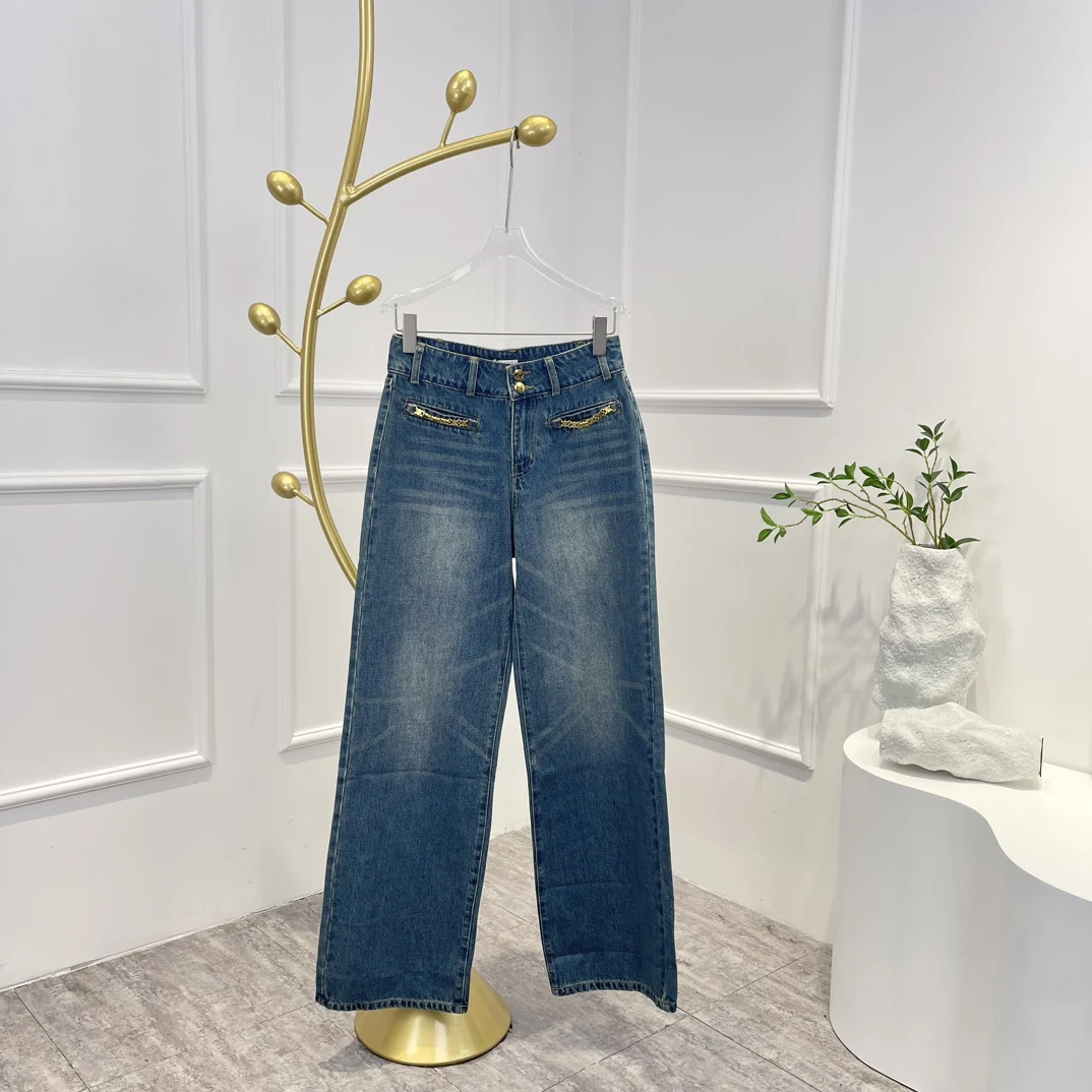 

Gold Chains Light Blue Black Jeans Pants High Quality Cotton 2023 Woman Trousers