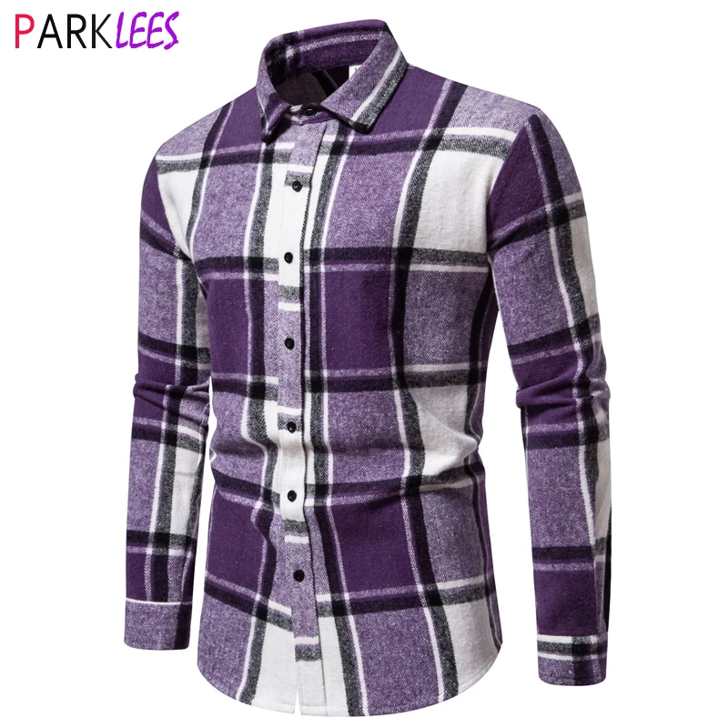 

Mens Purple Flannel Plaid Shirt Long Sleeve Regular Fit Button Down Checked Shirts Men Casual Conformtable Soft Work Shirt Male