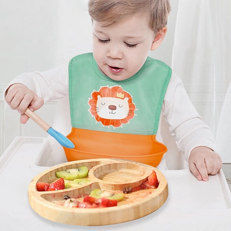 

Children Sucker Plate Baby Feeding Food Bowl With Spoon Fork Training Tableware Set Non-slip Wooden Divided Dinner Plate Dishes