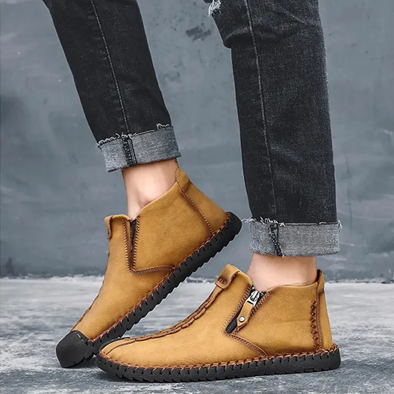 Men's Boots Fashion Handmade Men Western Leather Classic Casual Boots Shoes Outdoor Non-slip Work Shoes Size 48