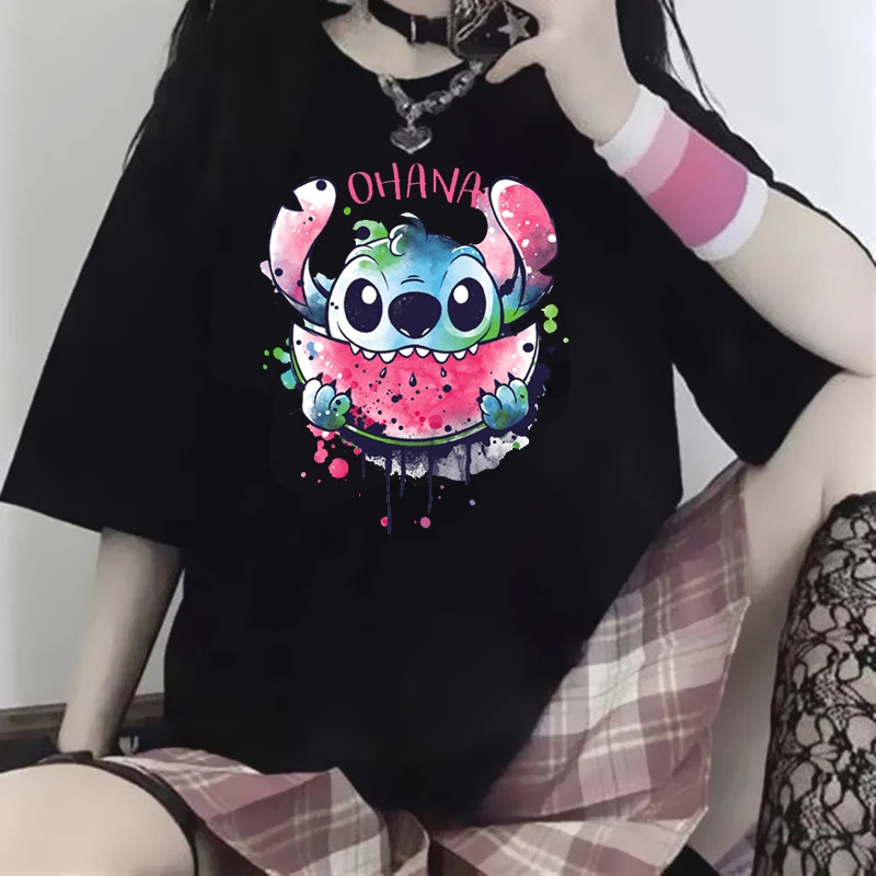 

Kawaii Disney Lilo Stitch T Shirt Women Summer Tops Cartoon Stitch Ohana Graphic Tees Disney Unisex Couple T-shirt Female