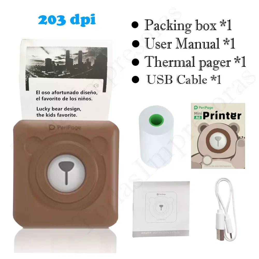 

PeriPage Cute Brown A6 Mini Pocket Printers Bluetooth Thermal Photo Printer Mobile Phone Android IOS Label Printer For Kids Gift