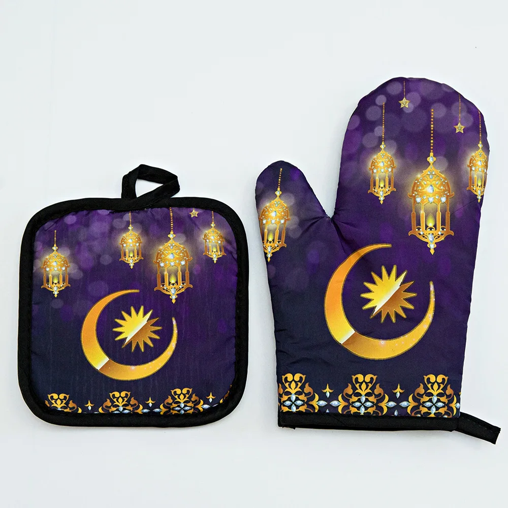 

2022 Eid Mubarak Kitchen Decoration Oven Gloves Pot Holder Mitt Happy Eid Al-Adha Iftar Muslim Islamic Kareem Family Dinner Gift