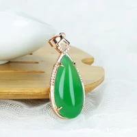 natural green chalcedony hand carved drop pendant fashion jewelry s925 silver inlaid men and womens green agate necklace