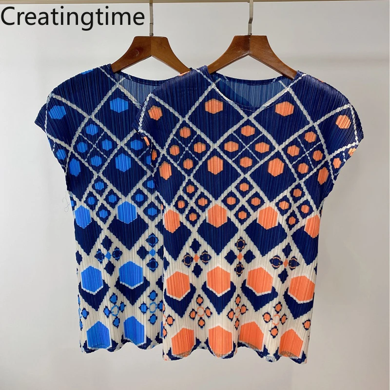 

Creatingtime Pleated Fashion Women's T-shirt 2022 Summer New Style Round Neck Sleeveless Geometry Printing Slim Top LH124