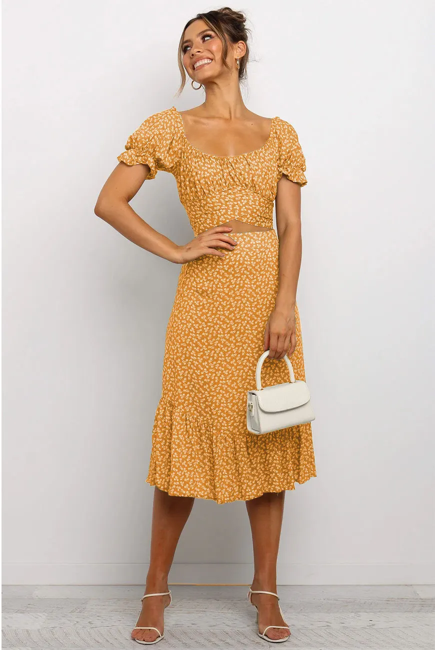 

Fashion Printed Round Neck Sexy Strap Off Waist Bubble Sleeve Small Fragmented Flower Long Dress Two Piece Set Women Oufits 2023