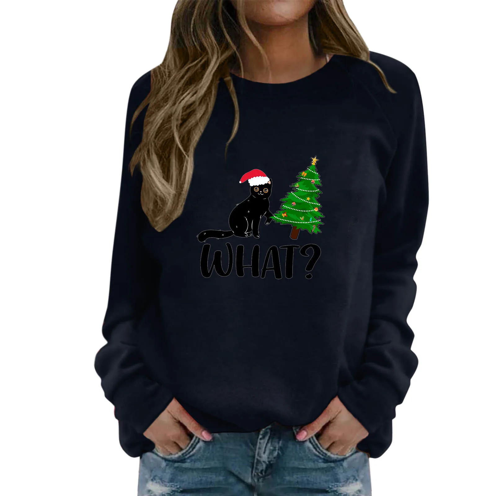 

Women's Casual Round Neck Raglan Long Sleeve Fun Cat Christmas Tree Print Pullover Gothic casual Ethnic preppy style