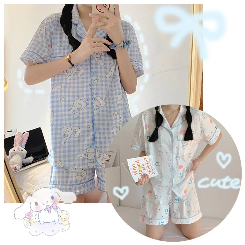 

Sanrioed Kawaii Cartoon Print Summer Short-sleeved Pajamas My Melody Cinnamoroll Anime Loose Lapel Pajama Set Girly Style Cute