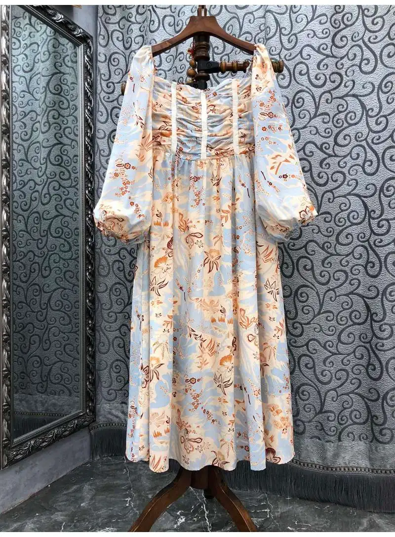 

Vintage Retro Dress 2022 Spring Summer Style Women Sexy Square Collar Exquisite Prints Lantern Sleeve Mid-Calf Party Tunic Dress