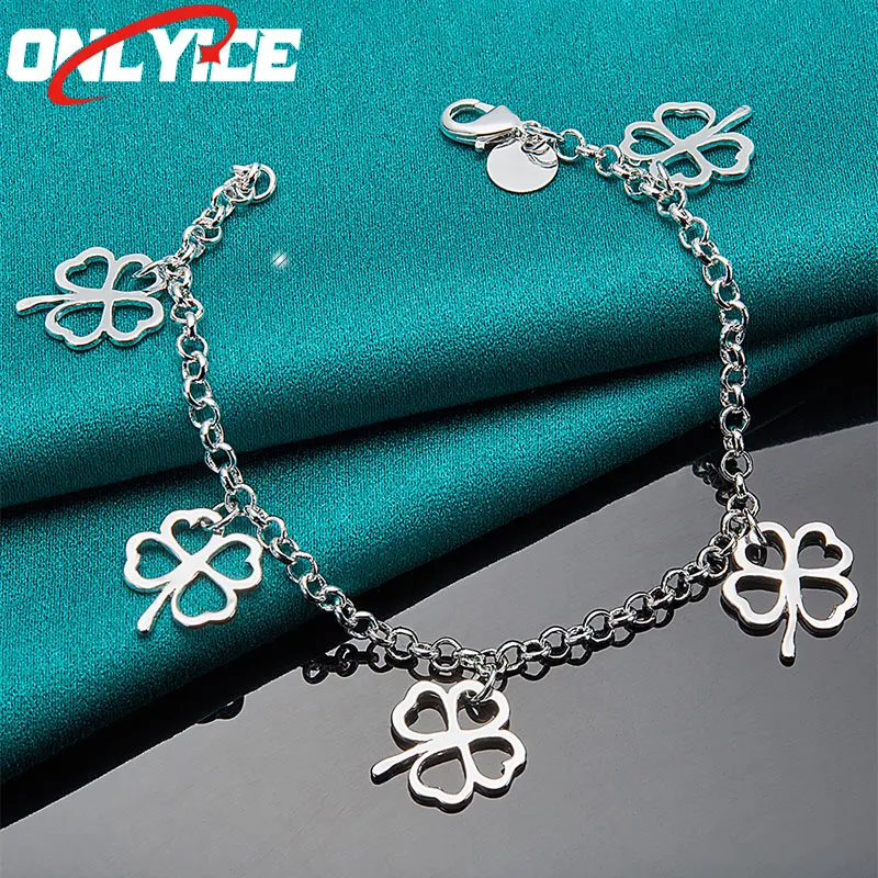 

925 Sterling Silver Four Leaf Floral Pendant Bracelet Ladies Fashion Glamour Party Wedding Engagement Jewelry