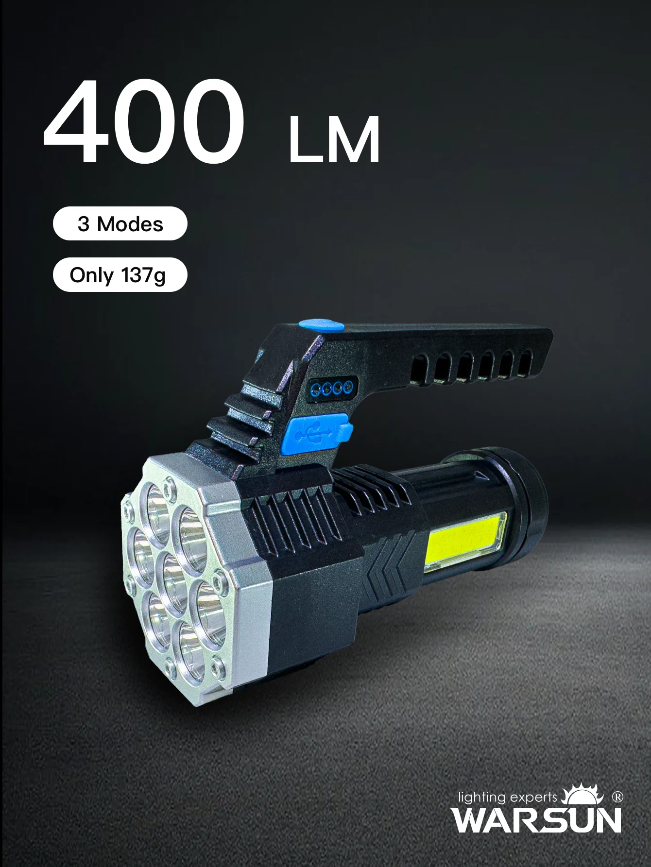 Фонарик WARSUN DC828 — портативный прожектор с двойным источником света