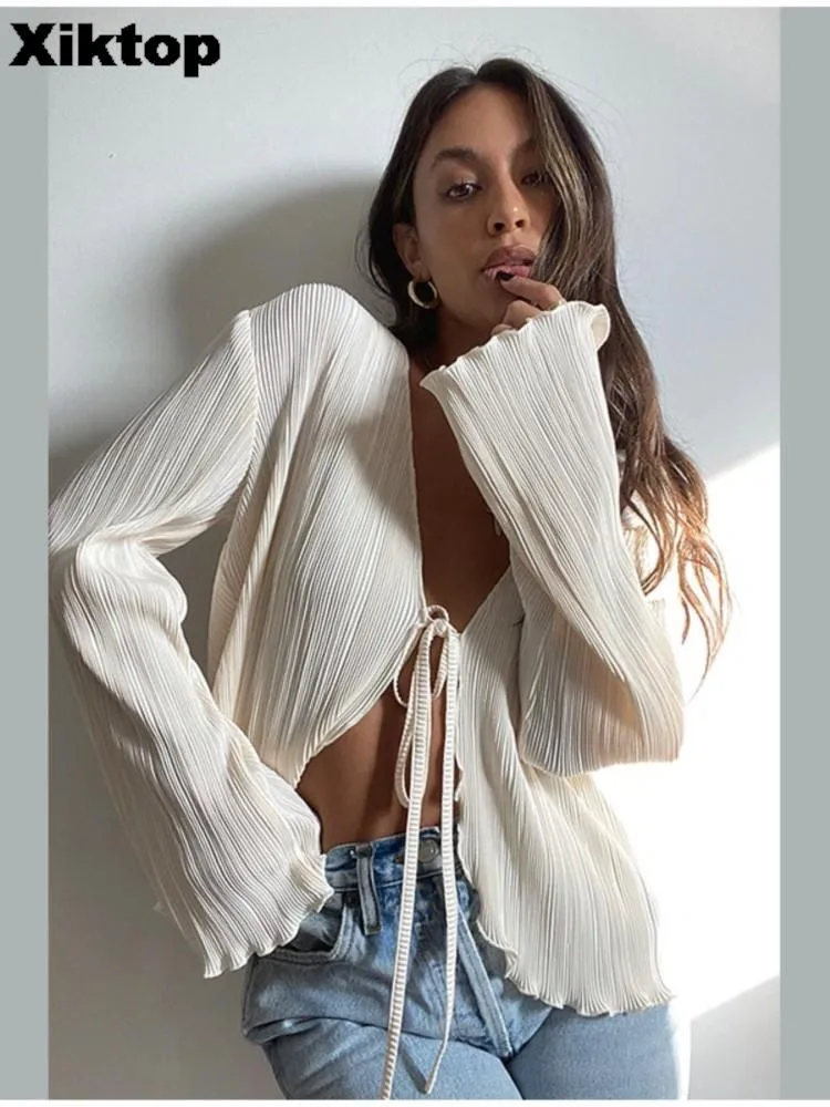 

Xiktop V-neck Pleated Women Shirt Sexy Lace Up Long Flare Sleeve Crop Ladies Shirts 2022 Spring Summer Fashion Soft Top Blouses