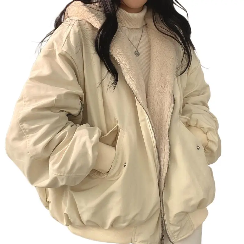 

Winter 2022 New Cashmere Thickening Hooded Short Coat On Both Sides Lamb Wool Cotton Coat Cotton Women's Wear Chaquetas Y2k Trf