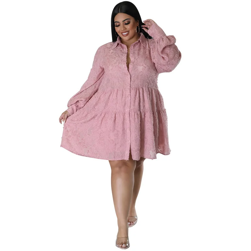 Plus Size Lace Women Long Sleeves Shirt Dress Belt Fashion Turn Down Neck Buttons Elegant Casual Part 3xl 4xl 5xl 6xl