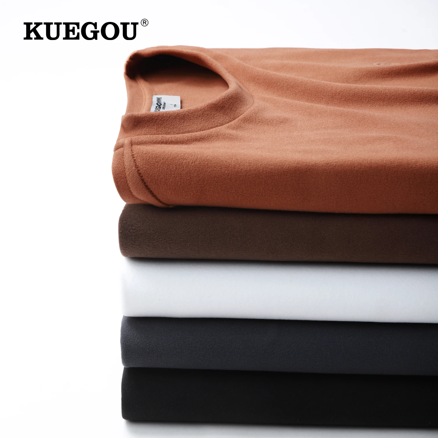 

KUEGOU 2022 Autumn New Men's T-shirt Basic Pullovers Quality Dralon Fleece Warm Male Slim Fit Long Sleeve Tops Embroidery 83208