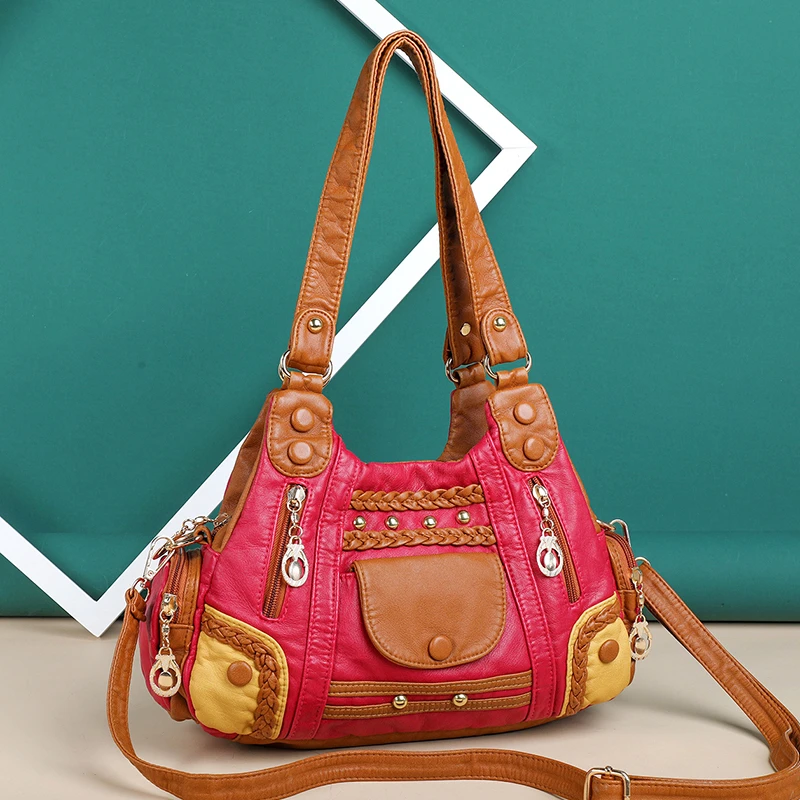 

Hot Fashion Female Spelling Colour PU Leather Multi Pocket Shoulder Crossbody Bags Casual Women Large Capacity Commuter Handbags