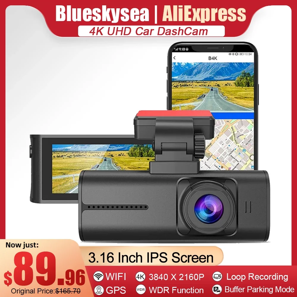 

Blueskysea B4K Dash Cam Ultra HD 4K WIFI Car Camera Recorder 3.16'' Screen Support WDR Parking Mode GPS Motion Dection 4K DVR