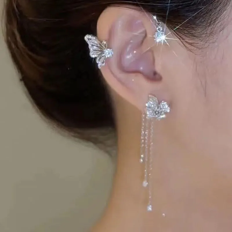 

Butterfly Masonry Tassel Slive No Piercing Clips Earrings For Women Elegance Advanced Temperament Accessory Party Club Date