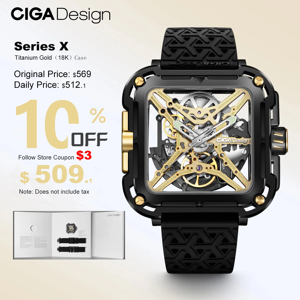 Фото CIGA Design Титановые Золотые Механические Часы Мужские X Series Роскошные 2025 Мужские Автоматические Часы Скелет Силиконовый Нейлон Два Ремешка №1