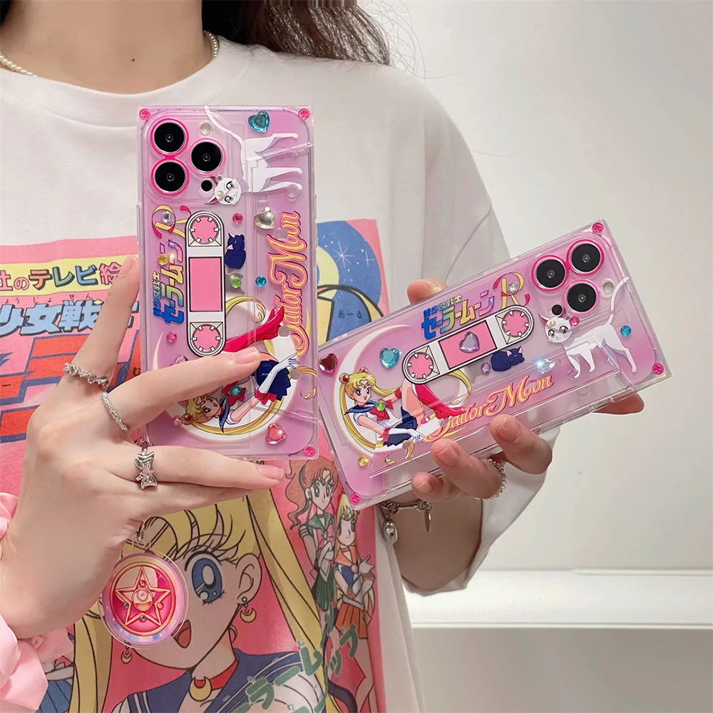 

Cute Cartoon Sailors Moons Tape CD Invisible Bracket with Pendant Phone Case for IPhone 14 13 12 11 Pro Max Plus Back Cover Gift